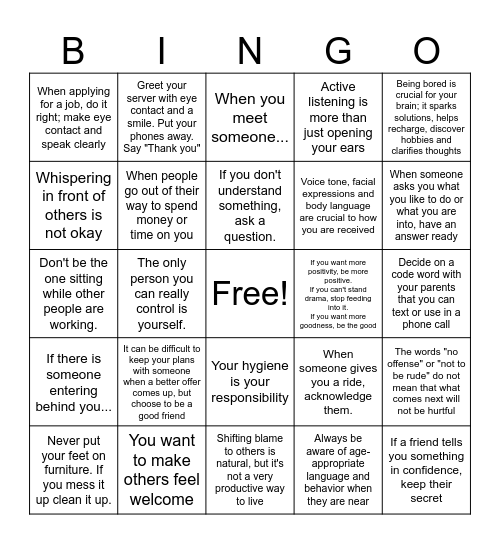 Modern Manners Bingo Card