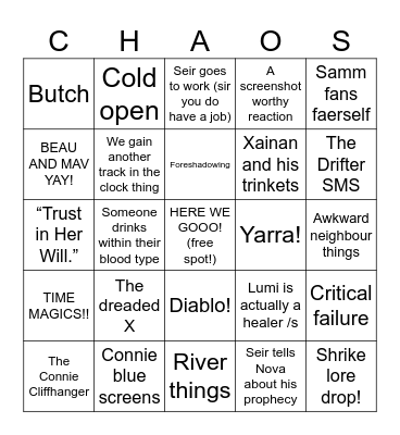 Arc 3 CHAOS Ep19-20 Bingo Card