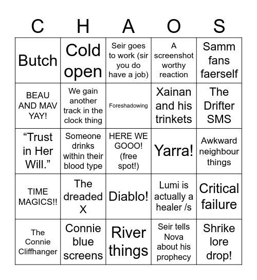 Arc 3 CHAOS Ep19-20 Bingo Card