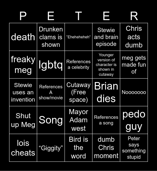 Family guy Bingo Card