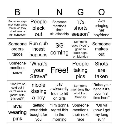 Sunrise social night out Bingo Card