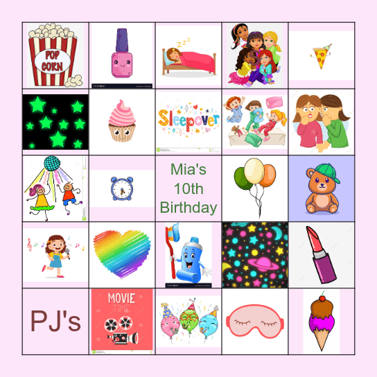 Mia's Slumber Party Bingo Card
