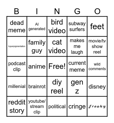 Instagram Reels / Youtube Shorts Bingo Card