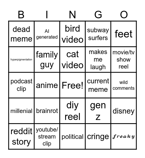 Instagram Reels / Youtube Shorts Bingo Card