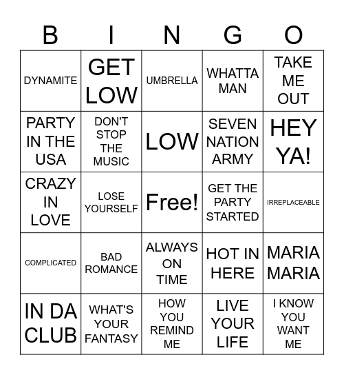 2000s SINGO Bingo Card