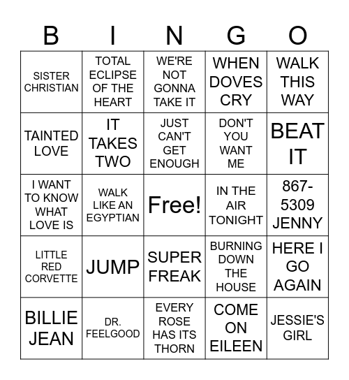 80s SINGO Bingo Card