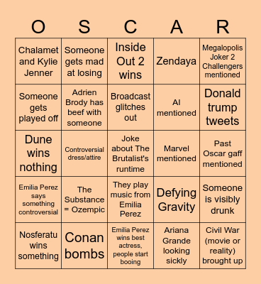 Oscars 2025 Bingo Card