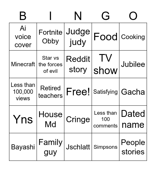 Yt shorts Bingo Card