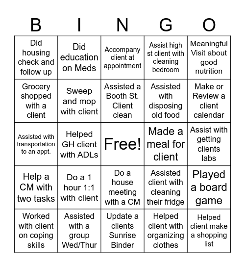 Sunrise Staff Bingo Card