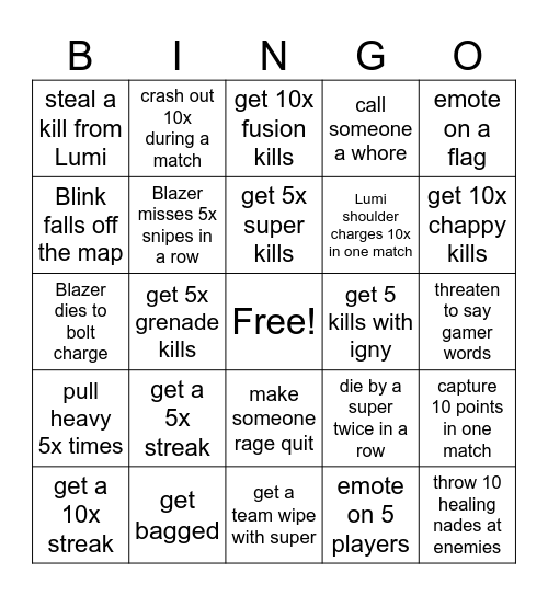 Iron Banner Bingo Card