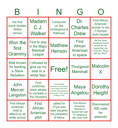 Who Am I? Black History Month Bingo Card