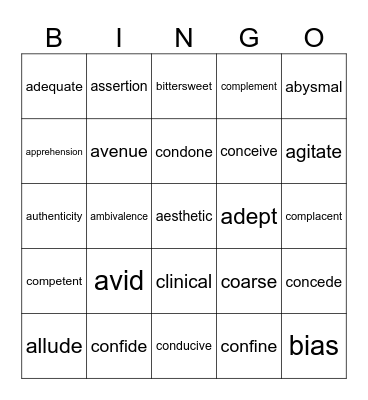 Vocabulary Bingo! Bingo Card