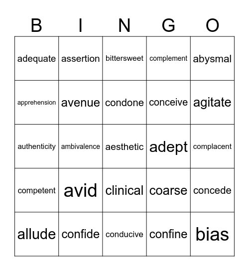 Vocabulary Bingo! Bingo Card