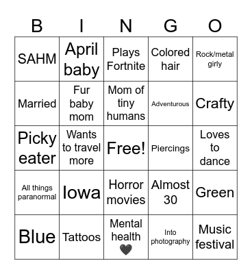 Pen Pal bingo Card