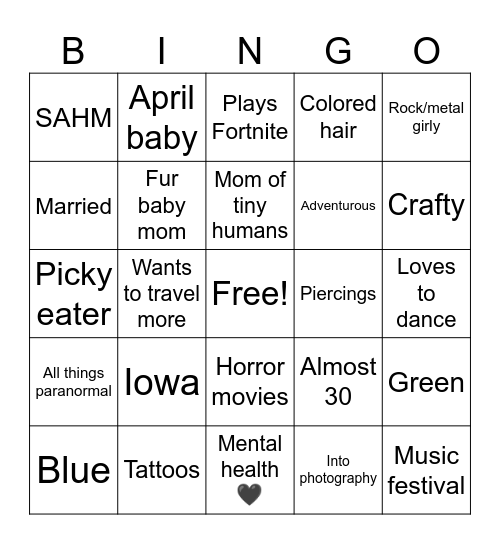 Pen Pal bingo Card