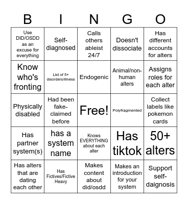 DID/OSDD Faker Bingo Card