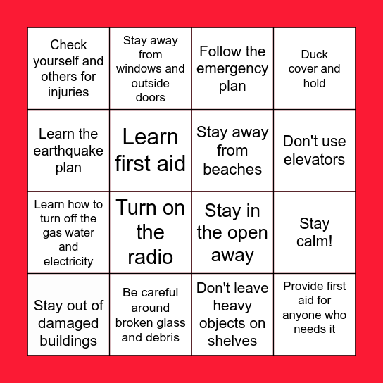 Earthquake Drills Bingo Card