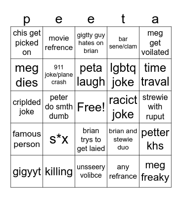 family guy Bingo Card