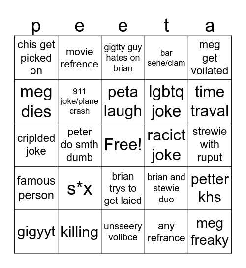 family guy Bingo Card