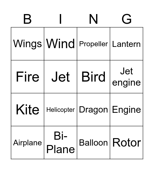 Flying Things! Bingo Card