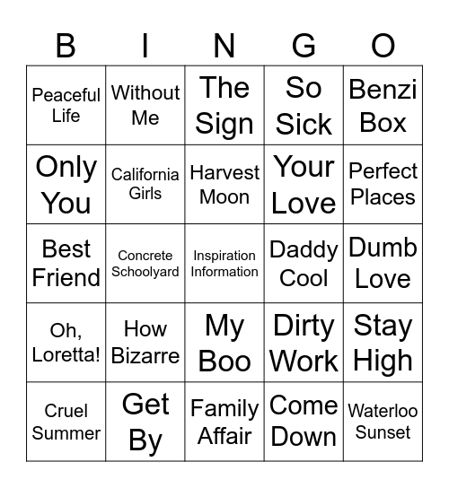 Feb - songs with 2 word titles Bingo Card