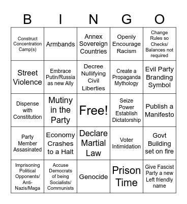 Trump/Hitler Fascism Bingo Card