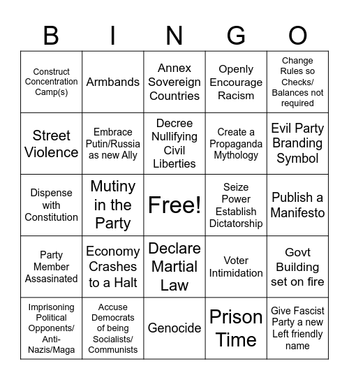Trump/Hitler Fascism Bingo Card
