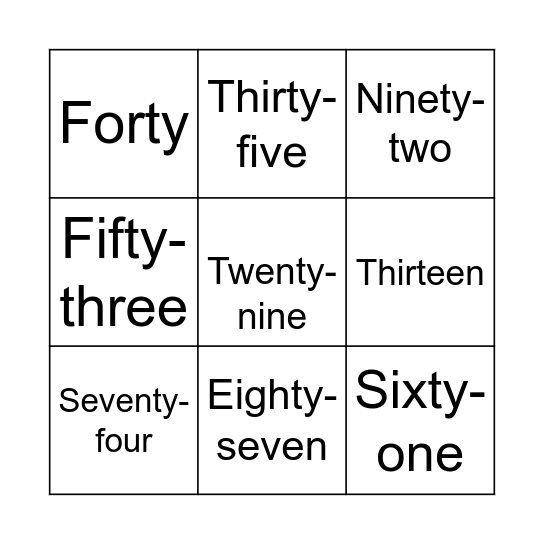 Number names Bingo Card