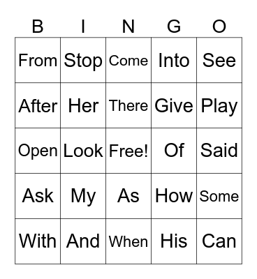 Sight Word Bingo Card