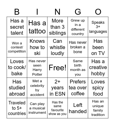 Get to know each other Bingo Card