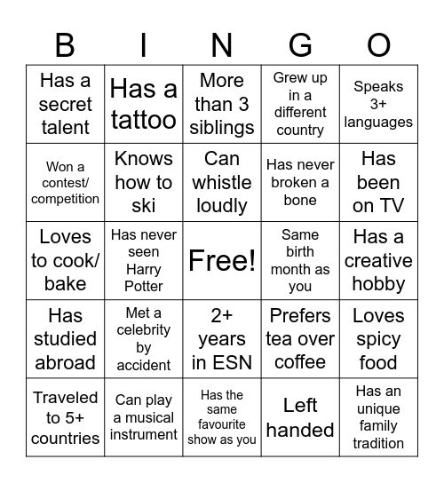 Get to know each other Bingo Card