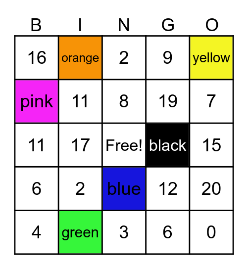 Colors an Numbers Bingo Card