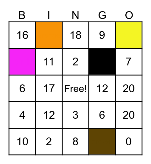 Colors an Numbers Bingo Card