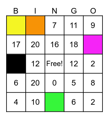 Colors an Numbers Bingo Card