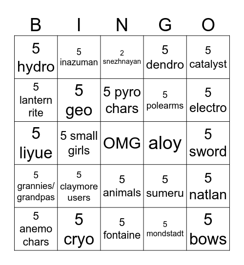 Genshindle Bingo Card