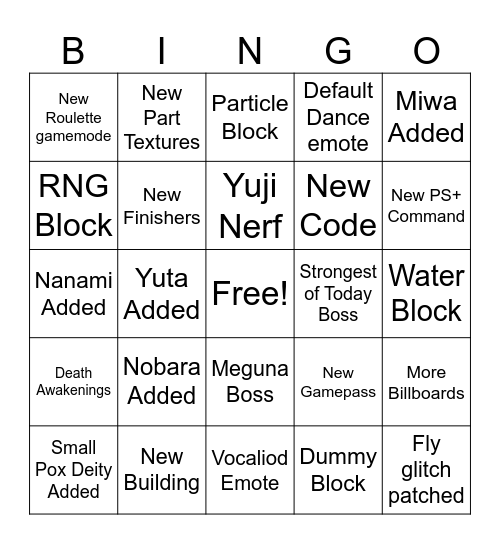 JJS Update Bingo Card