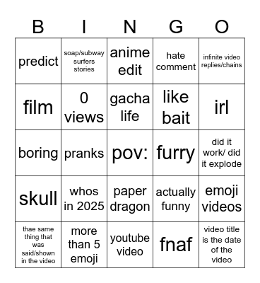 tiktok comment/video bingo Card