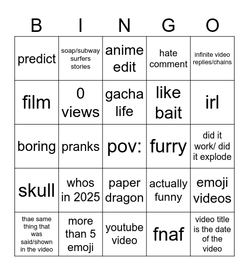 tiktok comment/video bingo Card