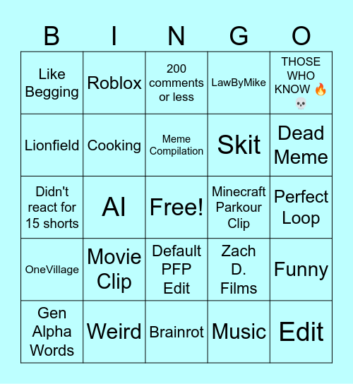 Youtube Shorts Bingo 7: This Time it's Personal Bingo Card