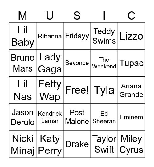 Bingo For Teens - Music Bingo Card
