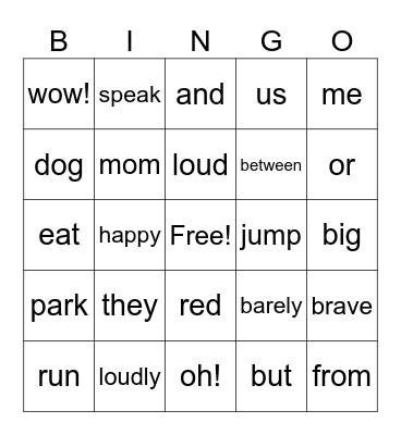 Parts of Speech Bingo Card