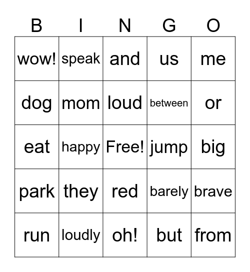 Parts of Speech Bingo Card