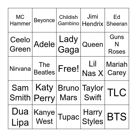 Music Artist Bingo Card