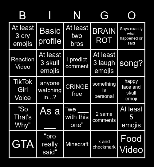 YouTube Shorts Bingo Card