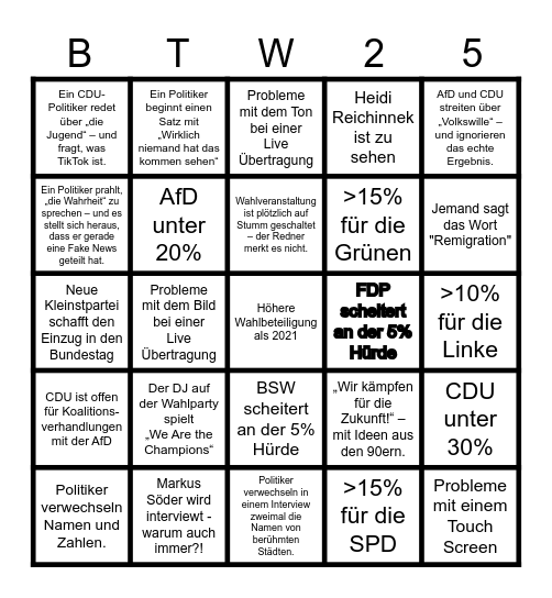 Bundestagswahl 2025 Bingo Card