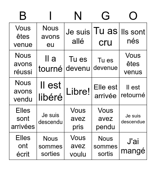 Le passé composé Bingo Card