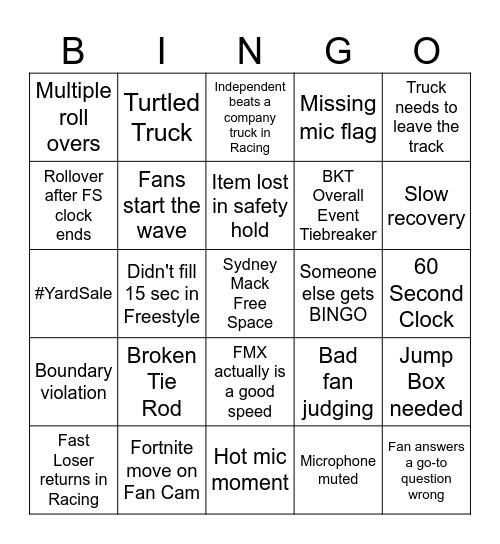 Monster Jam Livestream Bingo Card