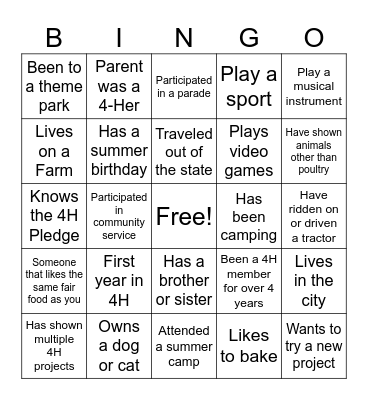 4H Bingo Card