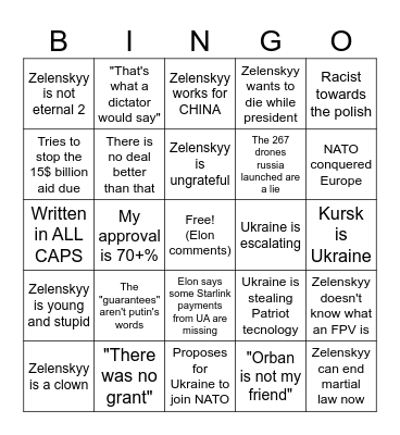 Trump's reaction to Zelenskyy's press conference Bingo Card
