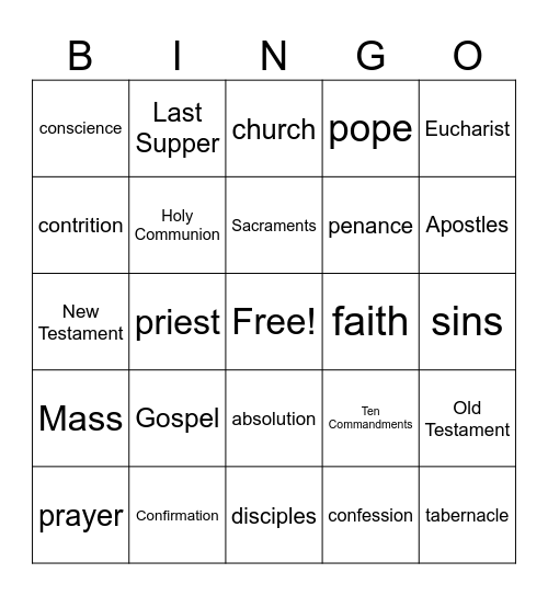 Eucharist Bingo Card